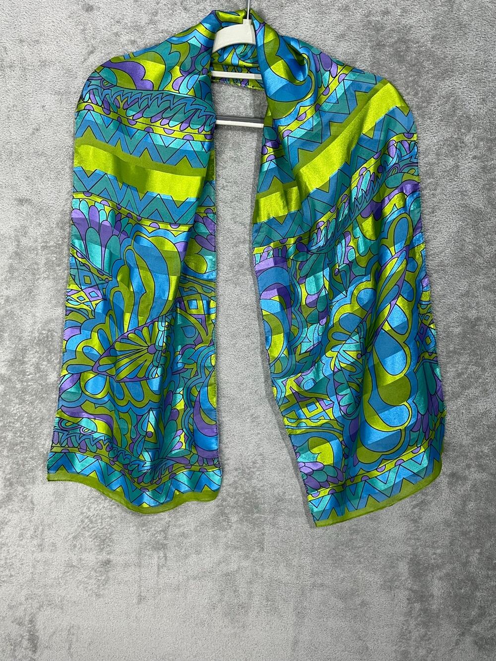 VTG Mod Psychedelic Butterfly Scarf Blue Green Purple Oblong 12.5 x 59.5